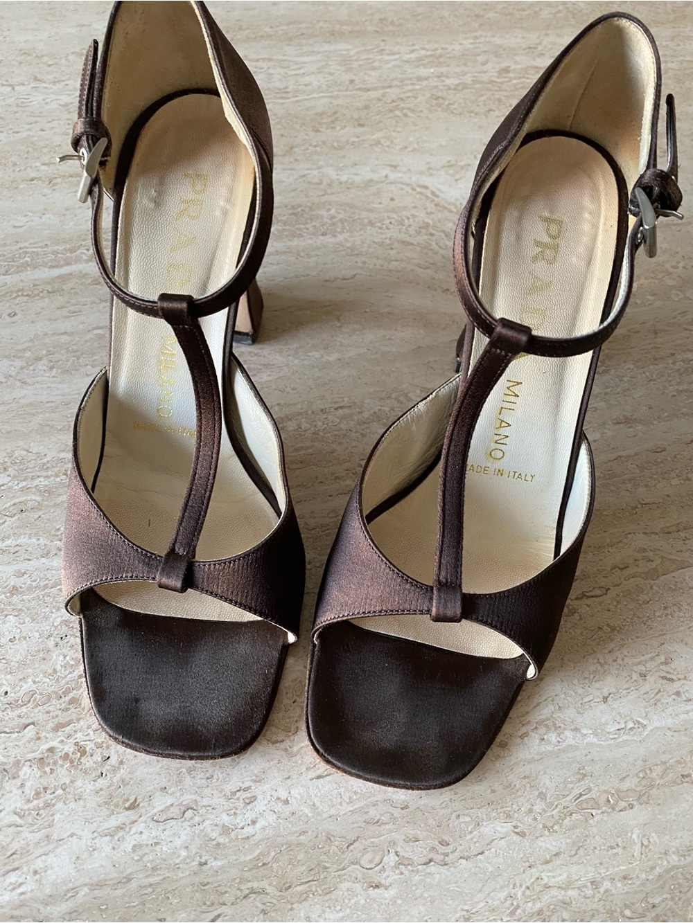 Vintage Prada Satin T-strap Block Heel Sandals - Picture 5 of 9